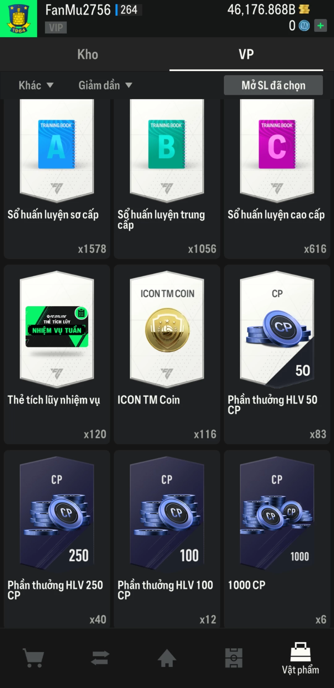 Ảnh ACC mở thẻ (LOẠI SVIP PROMAX) bao gồm có thẻ +12, thẻ Prime (có QH, CP, XS) và 1500+ đến 2000+ thẻ cầu thủ từ Siêu sao đến Miền núi các loại khác. Có sẵn BP trắng trong acc từ 40.000 tỷ BP đến 46.000 tỷ BP kèm theo nhiều ngày SVIP